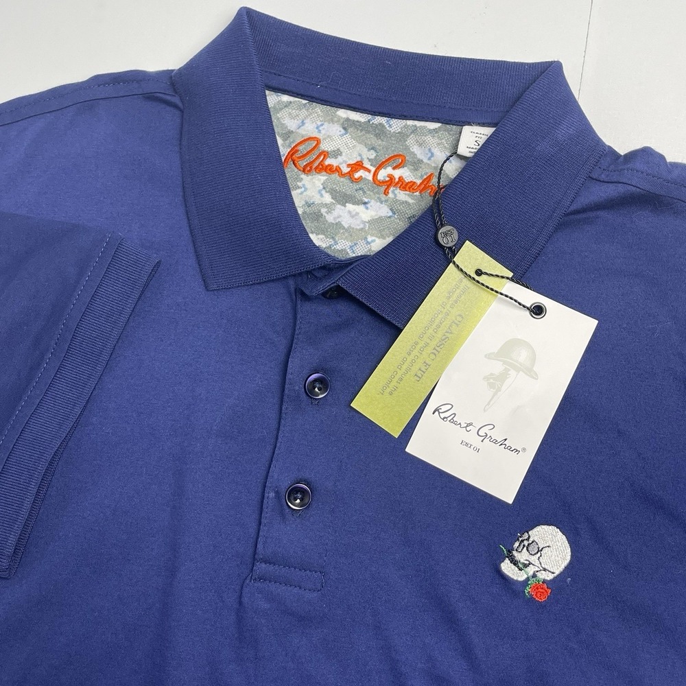 Robert Graham Men's Small Skull Rose Polo Navy Blue Classic Fit Short Sleeve NEW